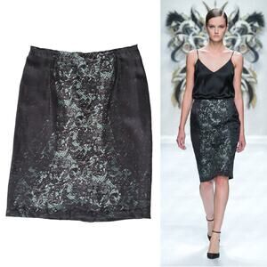 PRADA Silk Pencil Skirt Size 42 US 6  Printed Lace Black Blue Knee Length